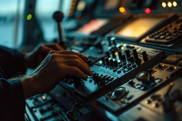 Wall Mural - Close up of a person's hand on a control board, suitable for technology concepts