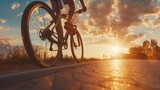 Fototapeta  - Blur photo sports man ride bicycles with speed motion on the road in the evening with sunset sky. Summer outdoor exercise for healthy and happy life. Cyclist riding mountain bike on bike lane. Team.