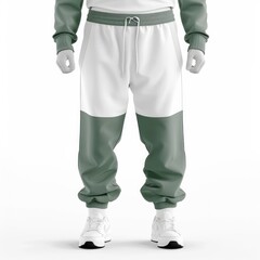 Wall Mural - Blank white and green man pants mockup, front view, 3d rendering. Empty textile basic track-pants or trousers mock up, isolated. Clear male denim slacks with pocket template. Generative AI