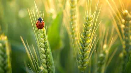 Wall Mural - Young juicy fresh green wheat ears spikes and a ladybug on nature close-up macro. Beautiful texture of young wheat spikelets.