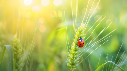 Wall Mural - Young juicy fresh green wheat ears spikes and a ladybug on nature close-up macro. Beautiful texture of young wheat spikelets.