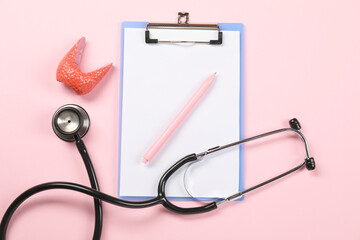 Endocrinology. Stethoscope, clipboard, model of thyroid gland and pen on pink background, flat lay