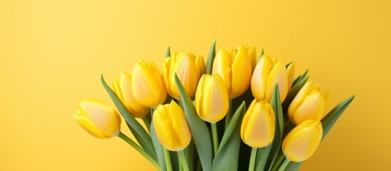 Wall Mural - Bouquet of vibrant yellow tulips displayed in a glass vase set against a background in the same sunny hue