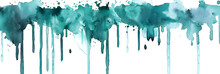 Teal Watercolor Drip Illustration On Transparent Background.