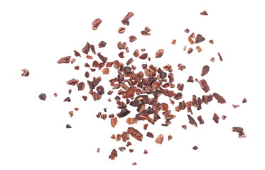 Wall Mural - Cacao nibs, crushed and peeled cocoa, isolated on white, top view