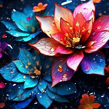 Colorful Flowers Adorned With Glistening Water Droplets. Shimmering Droplets Create Visually Striking, Captivating Composition.For Interior Design, Textile, Clothing, Gift Wrapping, Web Design, Print.