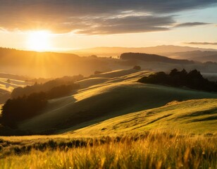 Wall Mural - An enchanting landscape of the sun rising over rolling hills and lush meadows, with golden
