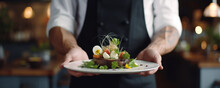 Chef Hands With Perfect Stylist Or Decorative Food On White Plate.