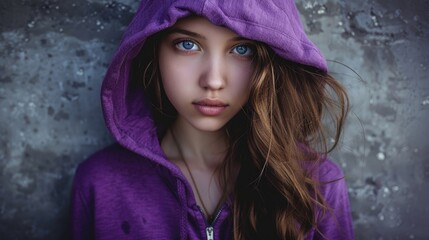 Poster - A young woman in a purple hoodie posing for a picture. Suitable for social media posts