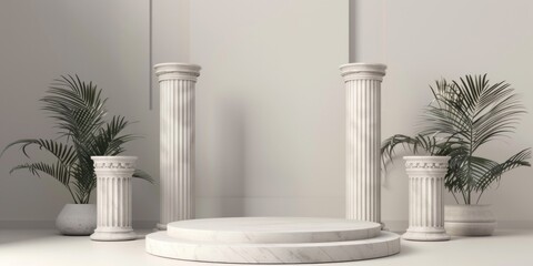 Wall Mural - A set of three white pillars with a plant in the middle. Ideal for architectural and interior design projects