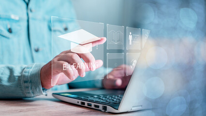 Fototapete - Concept of Online education. man use Online education training and e-learning webinar on internet for personal development and professional qualifications. Digital courses to develop new skills.