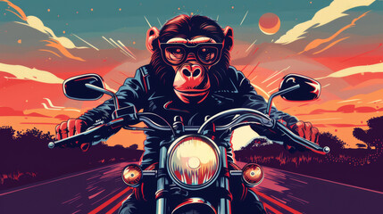 Wall Mural - Artistic illustration of a determined monkey riding a vintage motorcycle at sunset, evoking a sense of freedom.