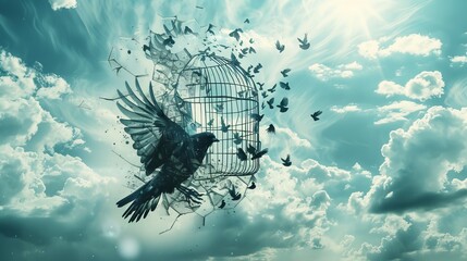 Wall Mural - A depiction of freedom is beautifully illustrated as a bird takes flight from a shattered cage into a sky filled with clouds