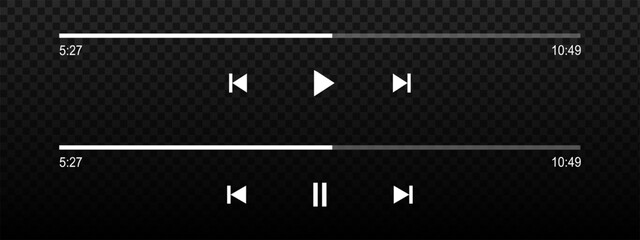 Audio or video player progress loading bars with time slider, play and pause, rewind and fast forward buttons. Templates of podcast or audiobook playback panel interface. Vector graphic illustration.