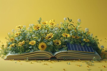 Poster - An innovative visual representation showcasing a book with pages morphing into solar panels against a serene yellow backdrop, highlighting the educational aspect of solar energy applications.