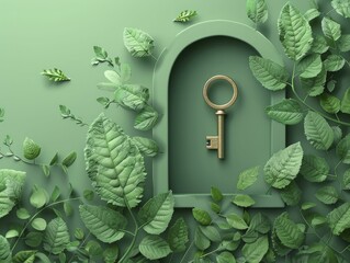 Wall Mural - minimalist illustration of a key opening a lock that releases green leaves, on a light green backgro