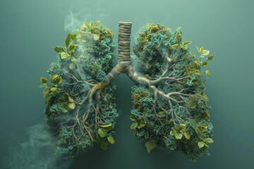 Poster - A creative representation of lungs crafted from tree branches and leaves against a backdrop of fresh air, highlighting trees' vital role in air purity.