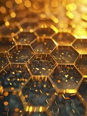 Poster - Capturing the essence of nature's design, a honeycomb pattern with hexagonal solar cells bathed in golden sunlight inspires bio-inspired solar solutions.