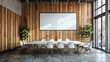 A contemporary conference space with sleek design elements, featuring a blank white empty frame on the wall for customizable decor