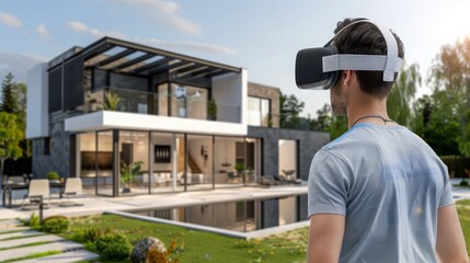 Person wearing a VR headset and exploring virtual real estate properties and architectural designs, VR technology for immersive property tours and visualization in the real estate industry