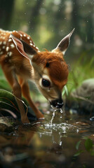 Wall Mural - A cute baby deer with big eyes drinking water from a sparkling stream in a peaceful forest.