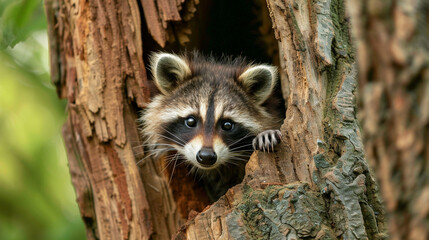 Wall Mural - A cute baby raccoon peeking out from a hollow tree trunk, its masked face filled with playful curiosity.