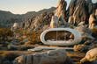A futuristic outdoor sleeping pod in California's Mojave Desert. BackgroundGranite boulders. With copy space, wide landscape image.