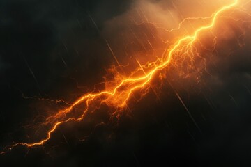 Wall Mural - powerful orange lightning strikes in a dark stormy sky. perfect for weather and natural disaster con