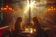 Close friends or romantic couple enjoy wine in a cozy cafe or restaurant, sharing laughter and stories in a warm, inviting atmosphere. with beautiful sunset lighting