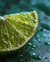 Poster - A lime slice with water droplets on it sitting in a bowl. Generative AI.