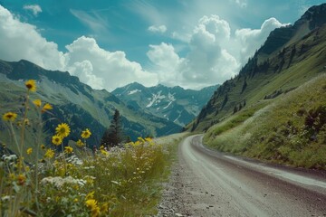 Canvas Print - Scenic view of a dirt road winding through the mountains. Ideal for travel and adventure concepts