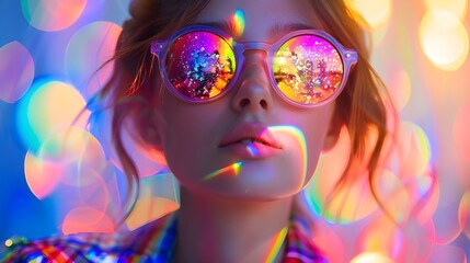 Portrait of a girl in rainbow sunglasses and a vibrant jacket, young woman standing against a colorful background