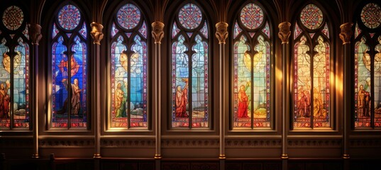 Poster - A large stained glass window in a church with many different paintings. Generative AI.