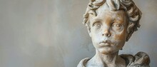 3D Clay Boy, Introspective Look, Pastels, Isolated On Gentle Grey, Head Bust Sculpture, Spacious Banner Area