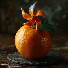 Sticker - An orange with a flower on top of it sitting in front. Generative AI.