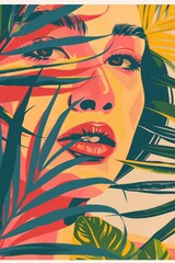 Canvas Print - Close-up of a woman's face surrounded by palm leaves. Ideal for beauty or tropical concepts