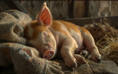 Poster - A small pig sleeping on a blanket with hay in the background. Generative AI.