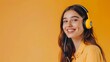 beautiful call center advisor woman with headphones on bright yellow background