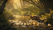 A group of adorable baby ducks following their mother through a winding forest stream, their feathers glistening in the sunlight.