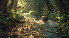 A Group Of Adorable Baby Ducks Following Their Mother Through A Winding Forest Stream, Their Feathers Glistening In The Sunlight.