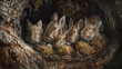 A group of fluffy baby bunnies nestled together in a cozy burrow, their soft fur blending with the earthy tones of the forest floor.