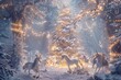 An Enchanted Winter Forest Illuminated by the Northern Lights on Christmas Eve, Featuring Mythical Creatures Celebrating the Holiday Spirit