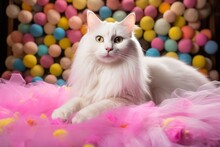 Adorable White Fluffy Cat With Stunning Green Eyes Resting On A Luxurious Pile Of Soft Pink Tulle Fabric, Surrounded By A Vibrant Multicolored Bubble Background And Dreamy Sparkling Stars.