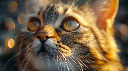 Poster - Portrait of a cat with orange eyes in the rays of the setting sun