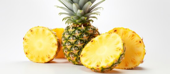 Poster - Three pieces of pineapples cut in half are displayed on a wooden surface, showing the vibrant yellow flesh and textured skin