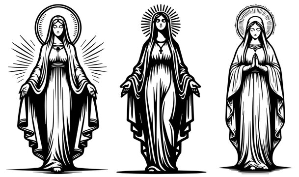 Our Lady Virgin Mary, vector silhouette cutting cnc svg, engraving, decorative religious icon, clipart black shape