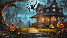 Halloween With Haunted House Illustration.
