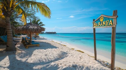 Wall Mural - A custom sign sets the scene against a beach background in Bahamas