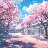 Fototapeta Natura - Spring scene with cherry blossoms and school anime-inspired illustration, showcasing the beauty of the season and the charm of the school setting.