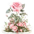 Pink rose centerpiece on a display stand, surrounded by floral elements on a white background, evoking a spring garden with a touch of romance.